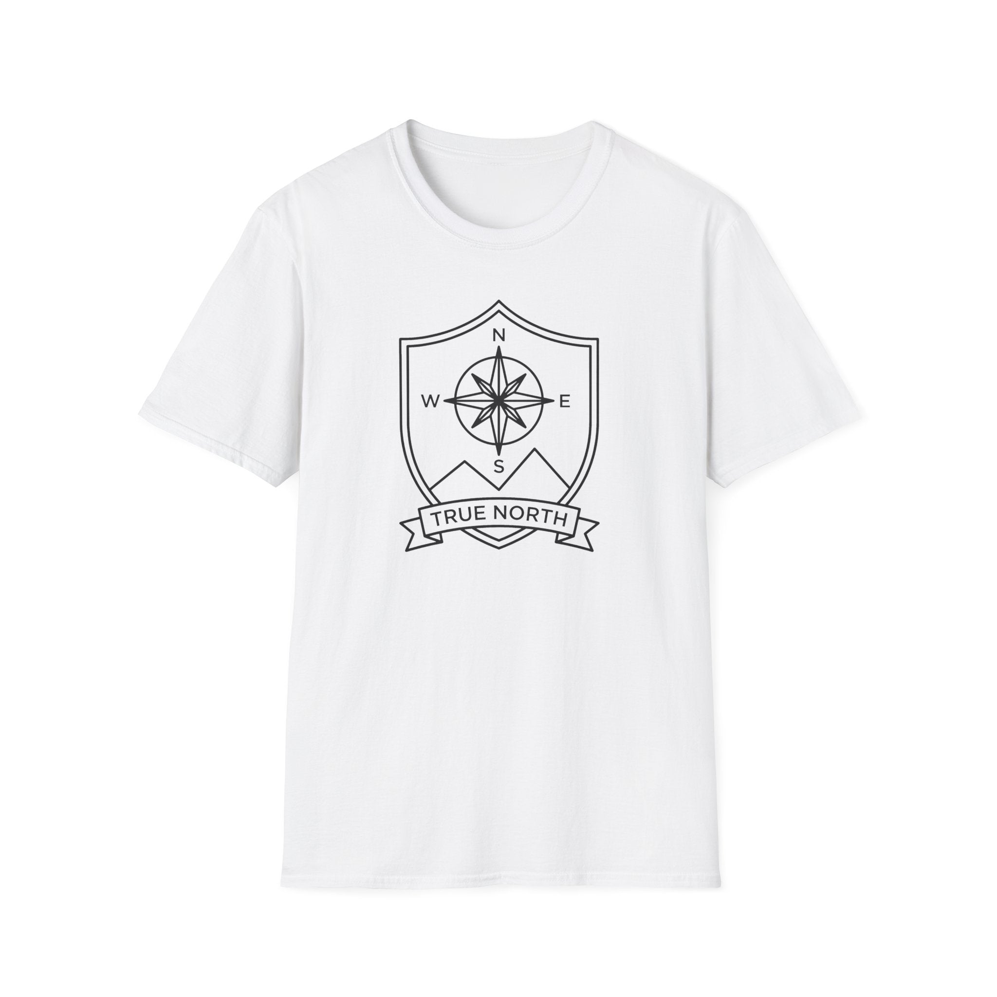 White compass shield T-shirt with compass rose emblem and True North ribbon