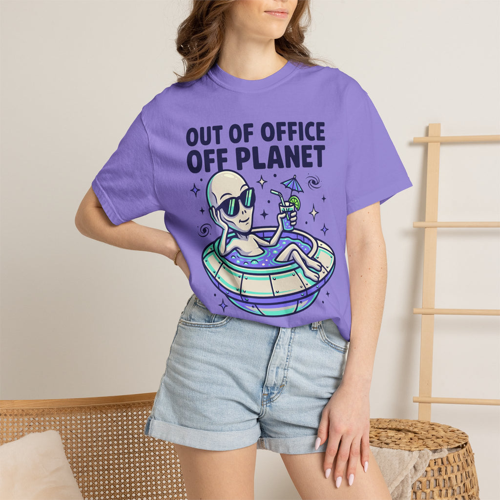Lavender T-shirt with alien on floatie and 'OUT OF OFFICE OFF PLANET' text graphic