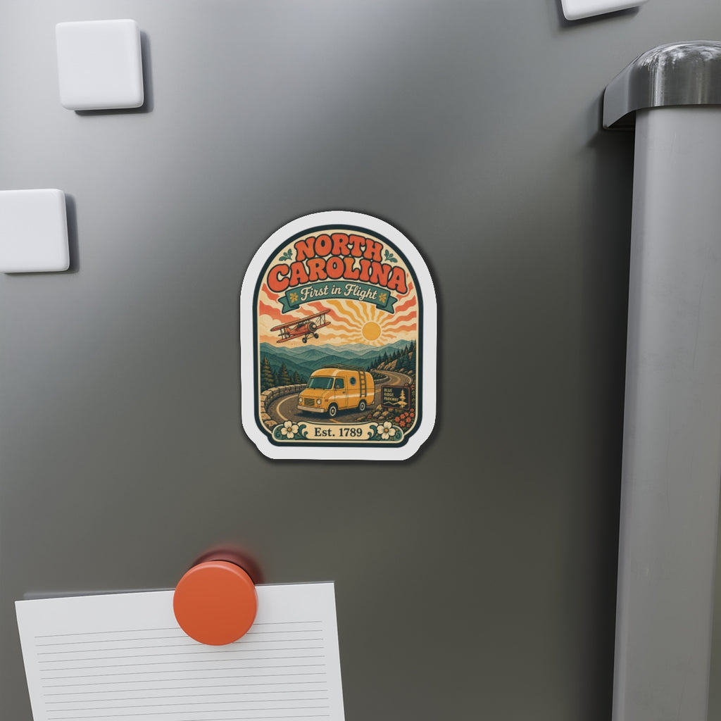 Die-cut North Carolina magnet on stainless steel refrigerator, Est. 1789 travel artwork.