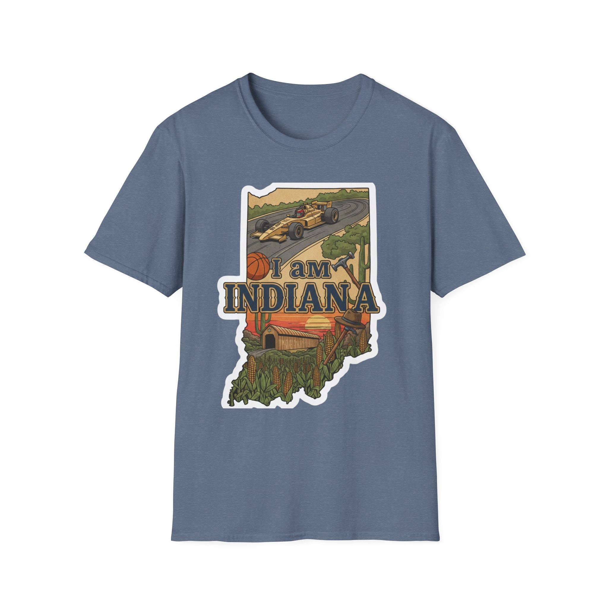 Heather indigo I Am Indiana T-shirt with Indiana state outline graphic and racing car
