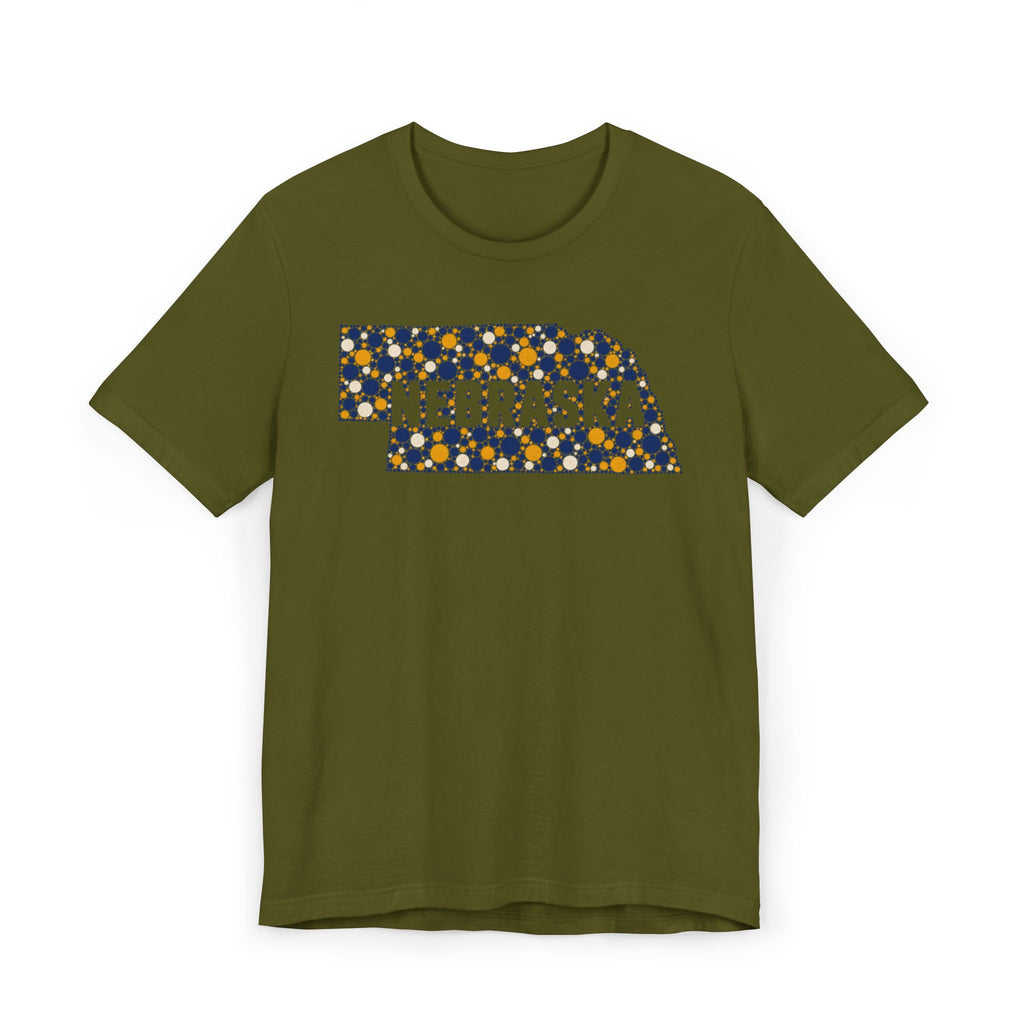 Forest green tee with floral Nebraska outline graphic and NEBRASKA text