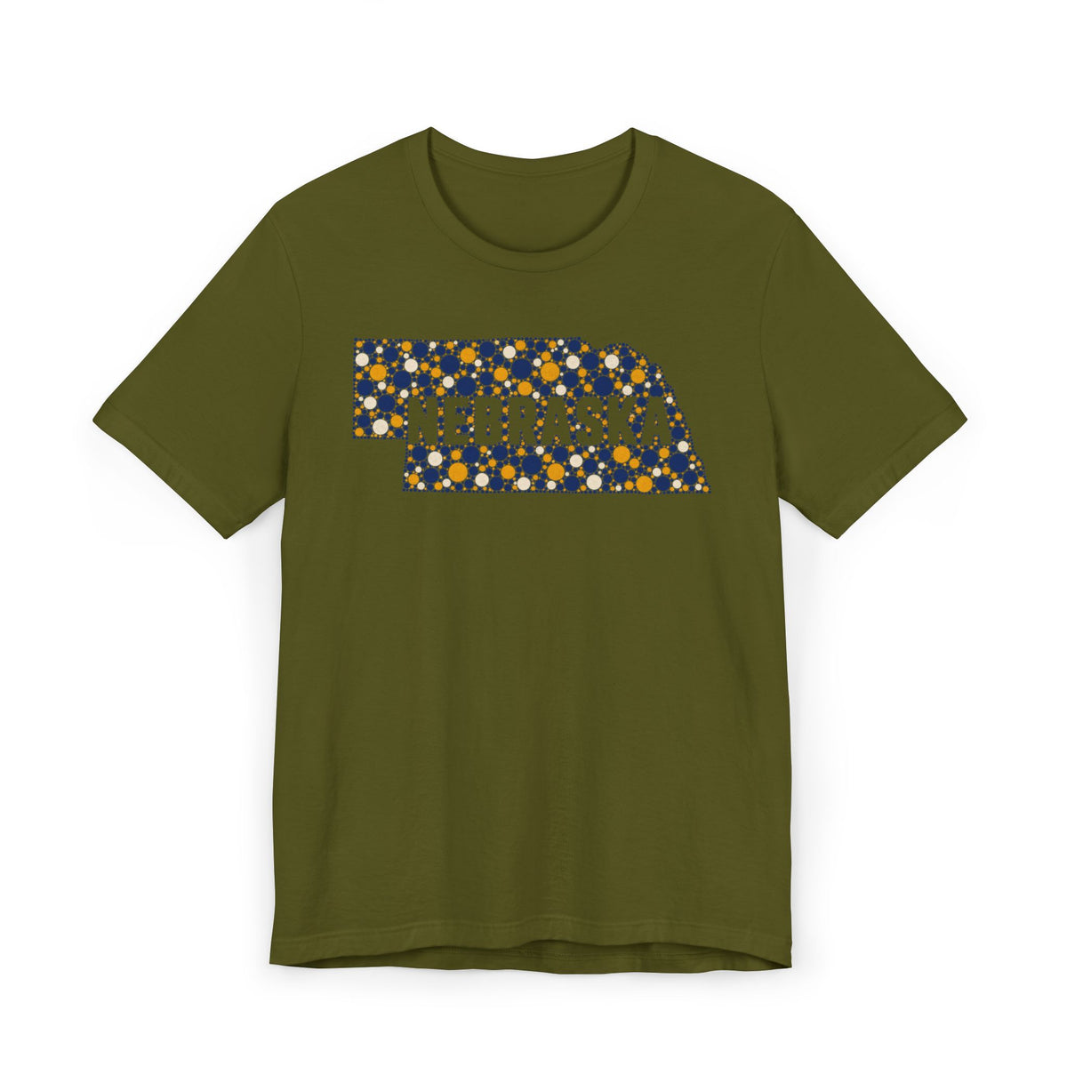 Forest green tee with floral Nebraska outline graphic and NEBRASKA text