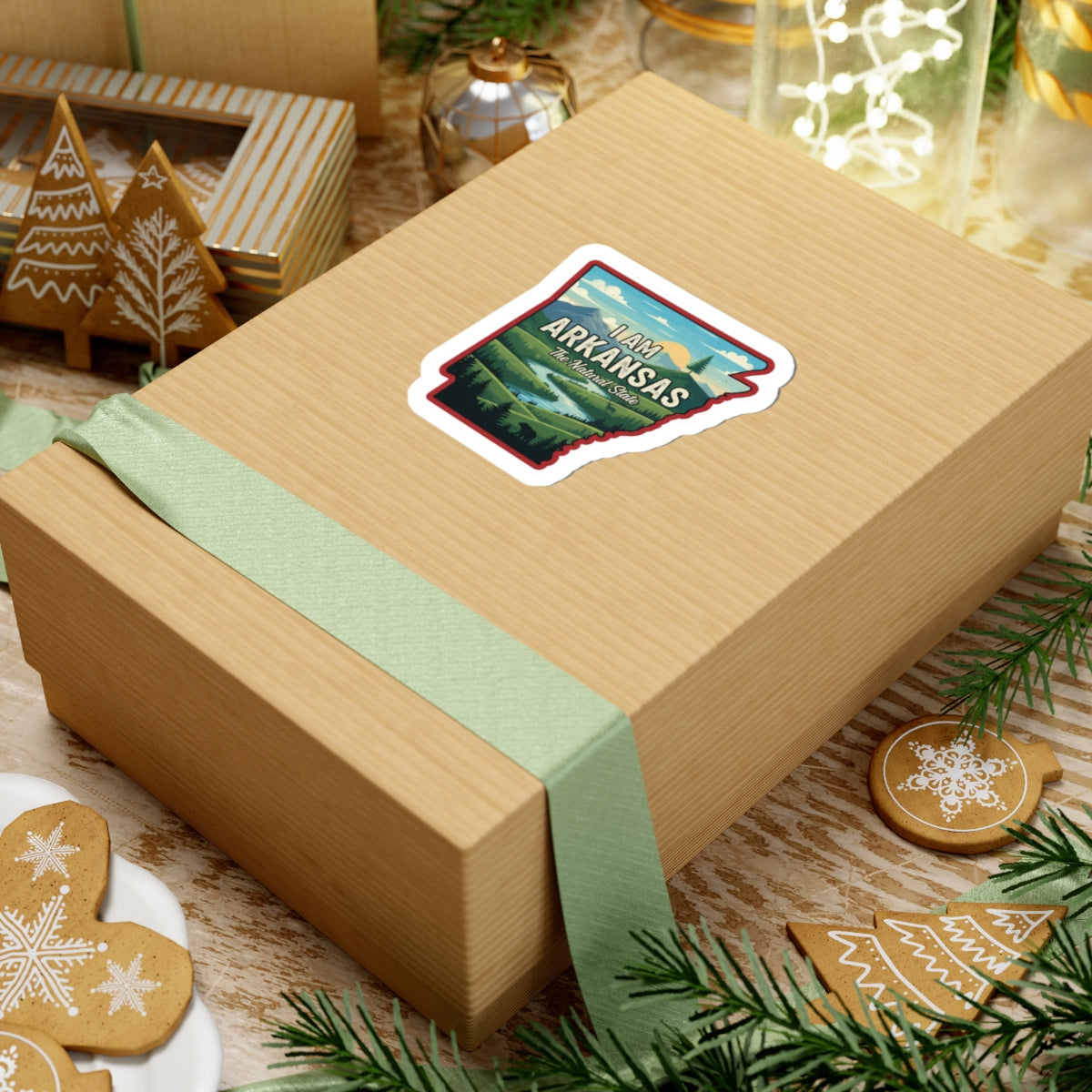 I AM ARKANSAS sticker on gift box ribbon, illustrated state outline with “The Natural State”
