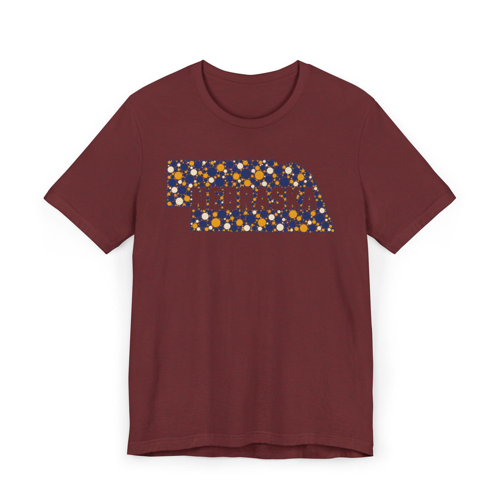 Burgundy Nebraska graphic T-shirt with colorful state outline logo on front