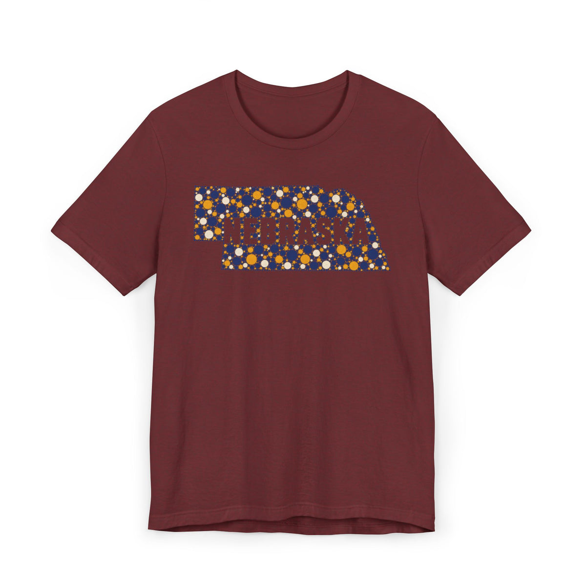 Burgundy Nebraska graphic T-shirt with colorful state outline logo on front