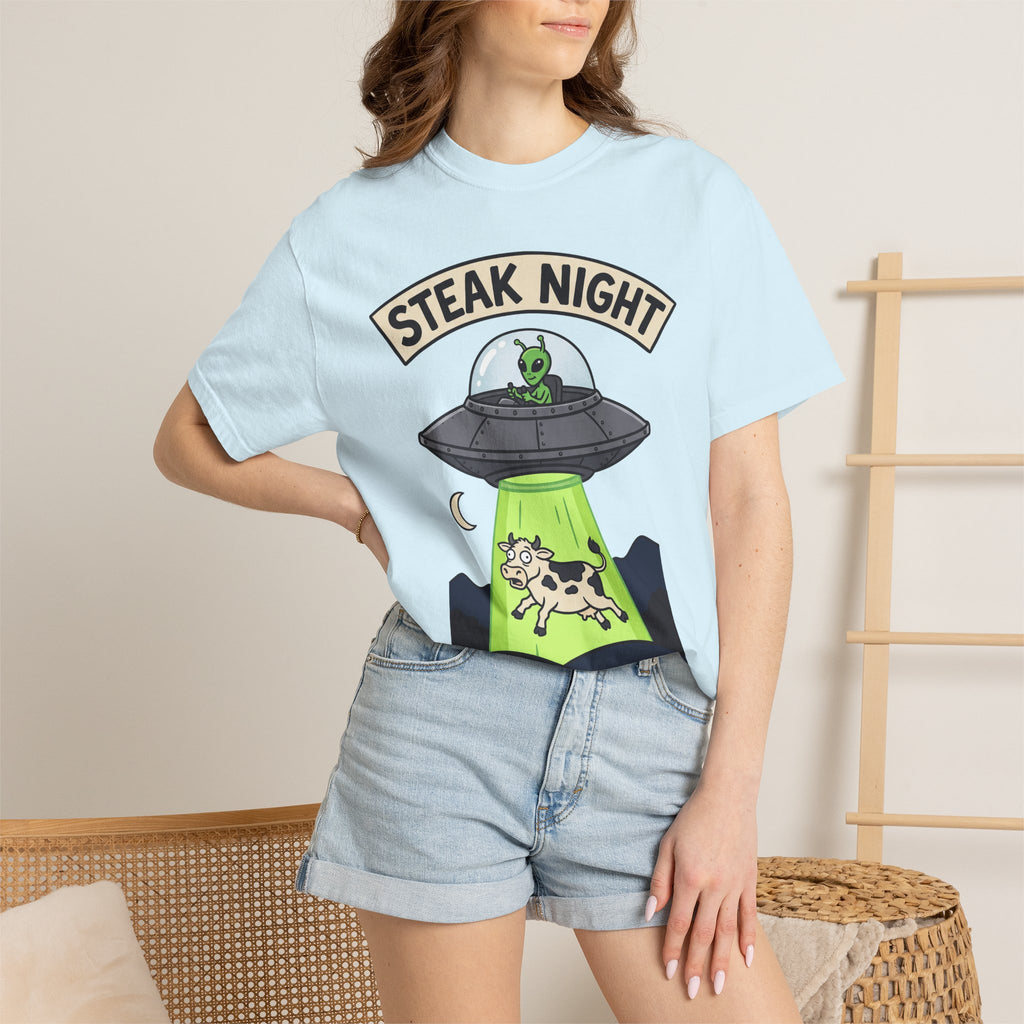 Light blue short-sleeve T-shirt with 'STEAK NIGHT' UFO and cow-in-green graphic