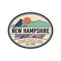 Round New Hampshire travel sticker with purple finch, lilac branch, and Est. 1788