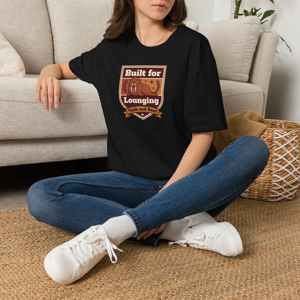 Black short-sleeve T-shirt with red-brown walrus badge graphic on chest