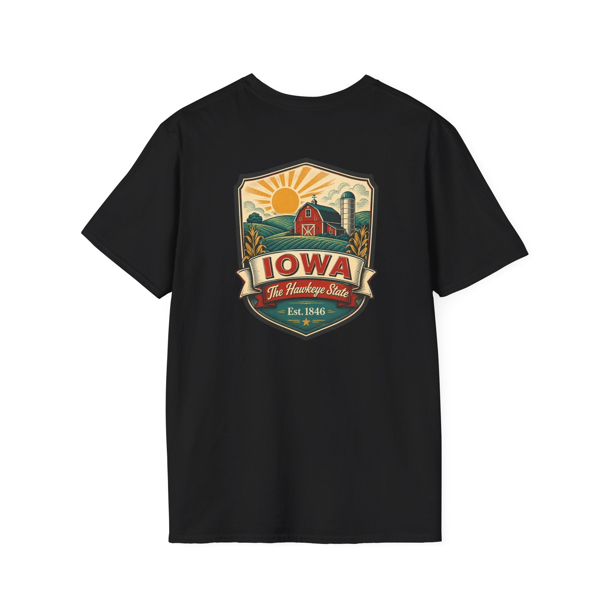 Black Iowa travel badge T-shirt with front graphic logo print