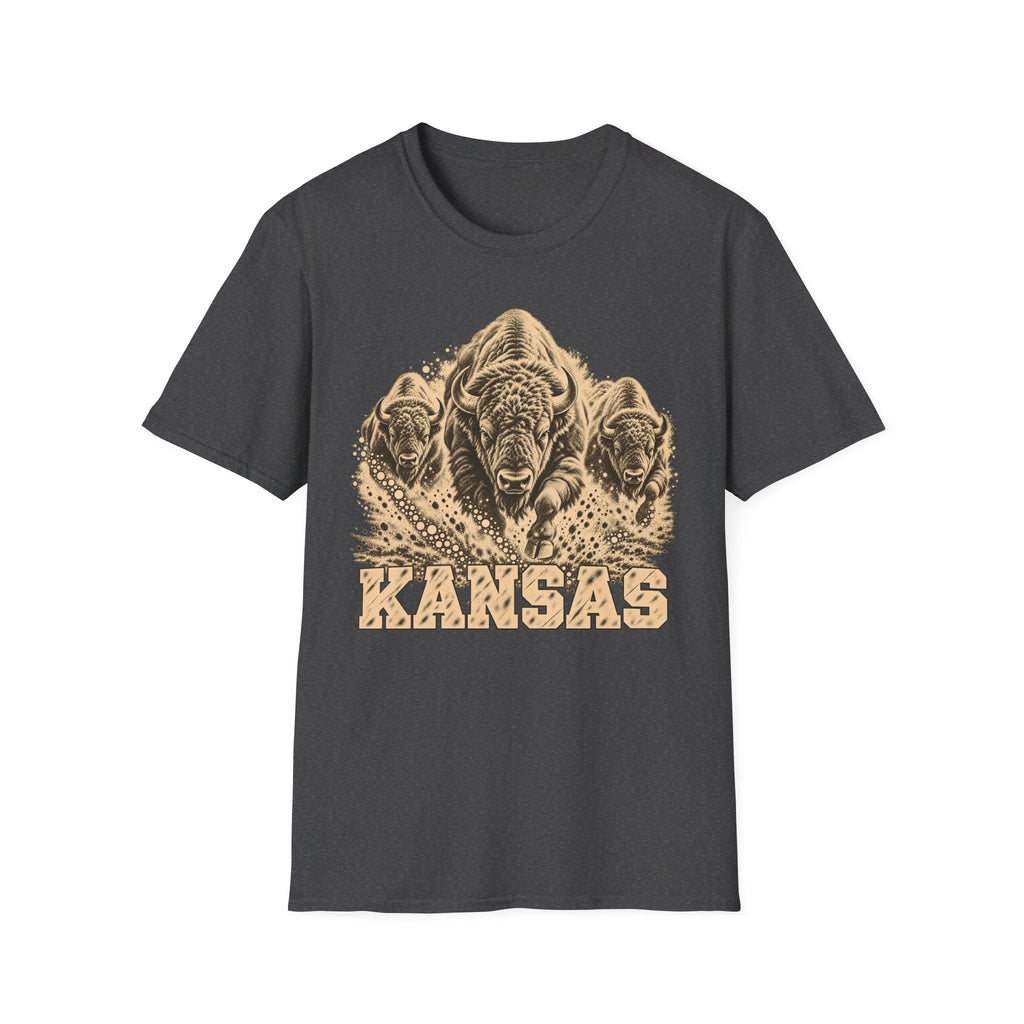 Charcoal gray Kansas bison graphic T-shirt with front “KANSAS” text