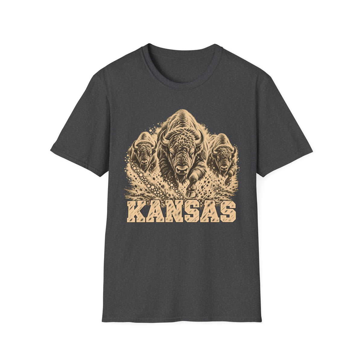 Charcoal gray Kansas bison graphic T-shirt with front “KANSAS” text