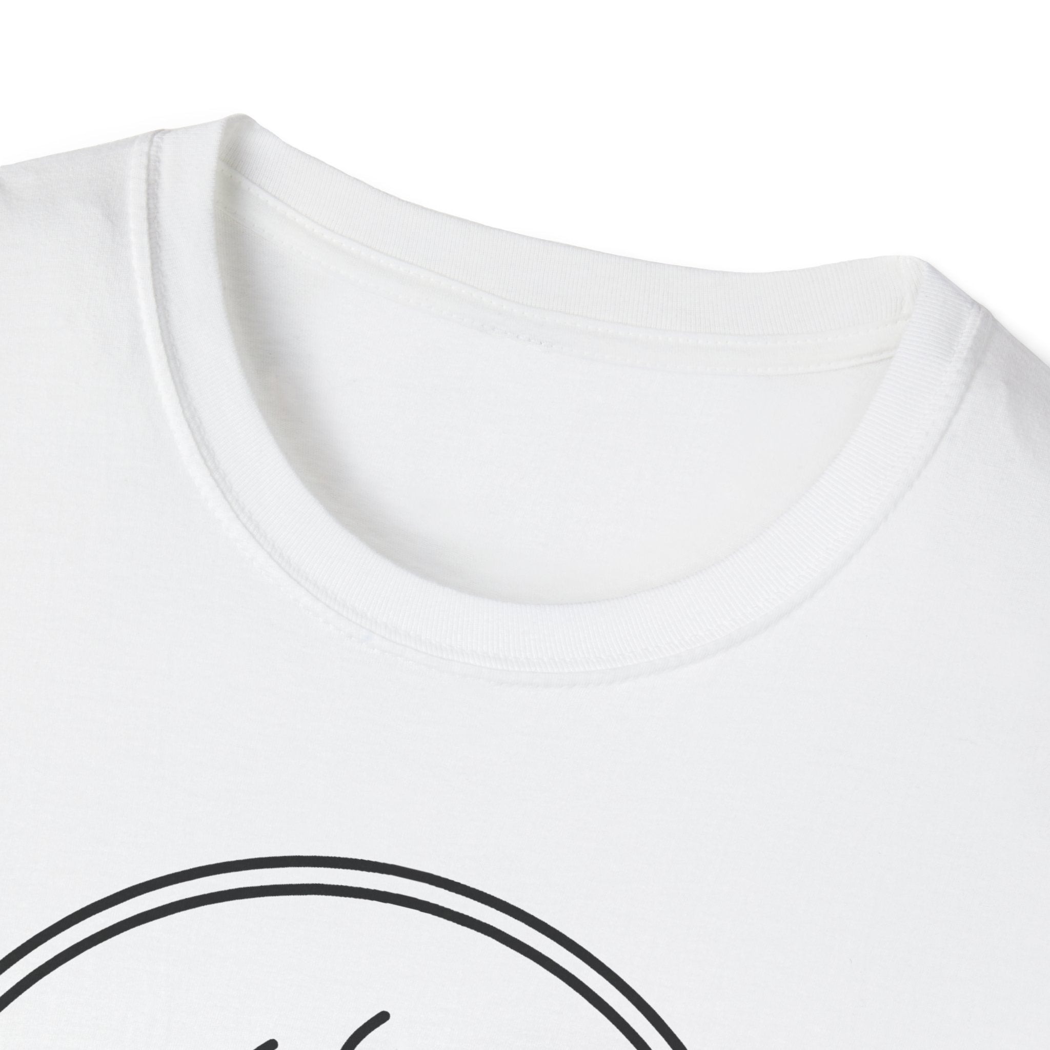 White T-shirt neckline with partial circular coffee graphic print