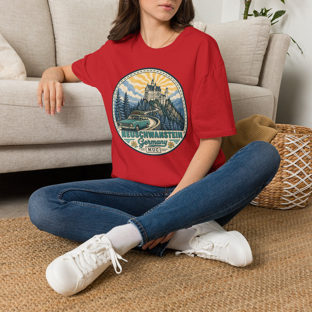 Red crew-neck short-sleeve T-shirt with circular castle graphic