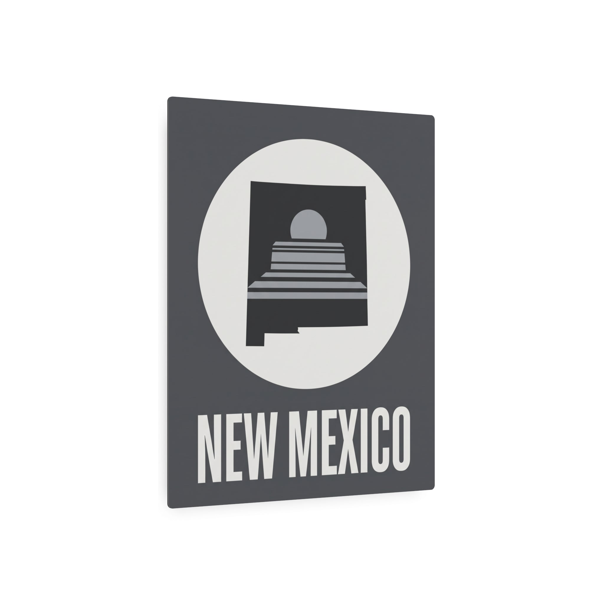 Square metal wall sign with circle skyline graphic and “NEW MEXICO” text at bottom