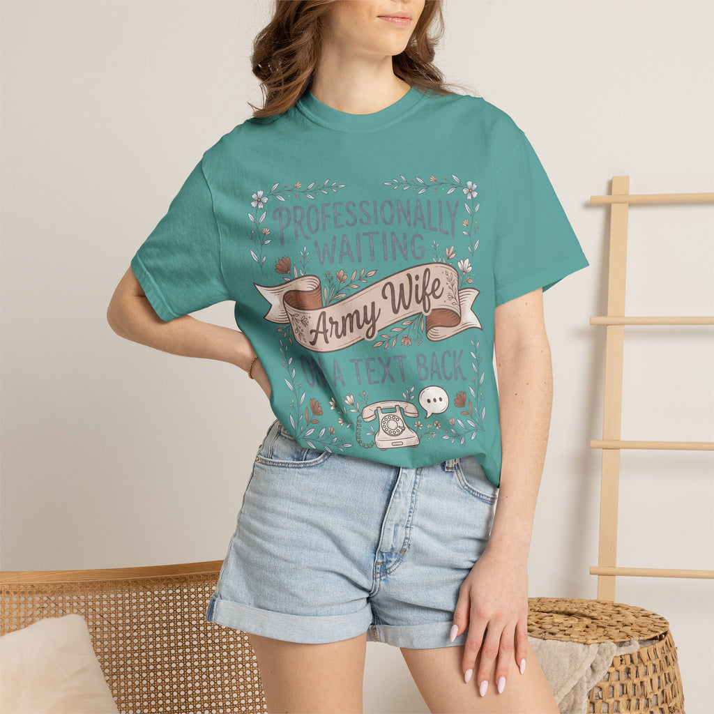 Teal crewneck graphic t-shirt with “Army Wife” ribbon and floral accents on front