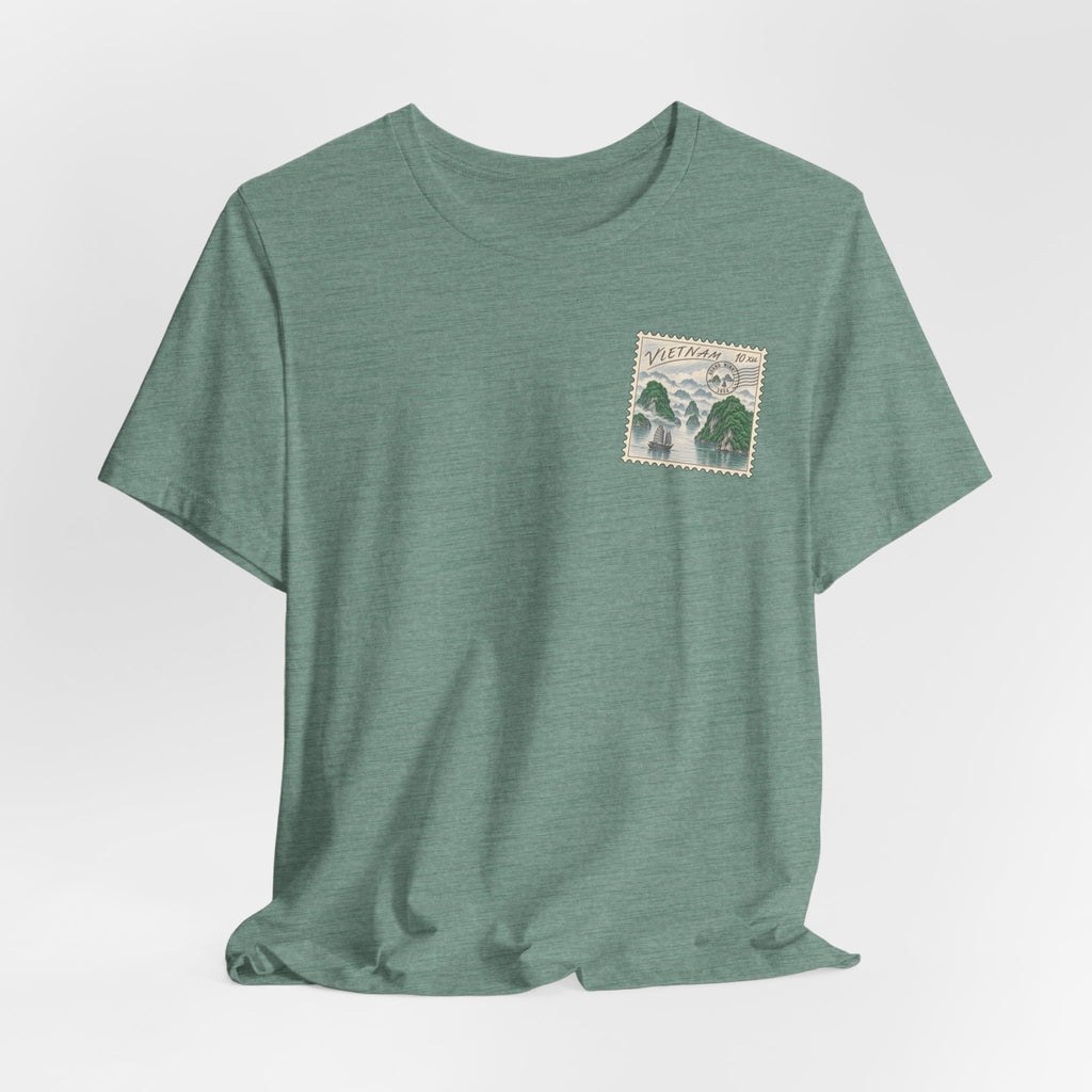 Heather green short-sleeve T-shirt with small postage-stamp style graphic on chest