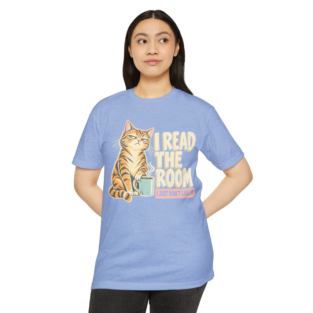 Light blue cat graphic t-shirt with 'I READ THE ROOM' and coffee cup