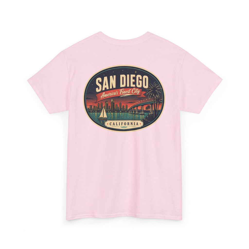 Light pink T-shirt with large oval San Diego Cities graphic on center