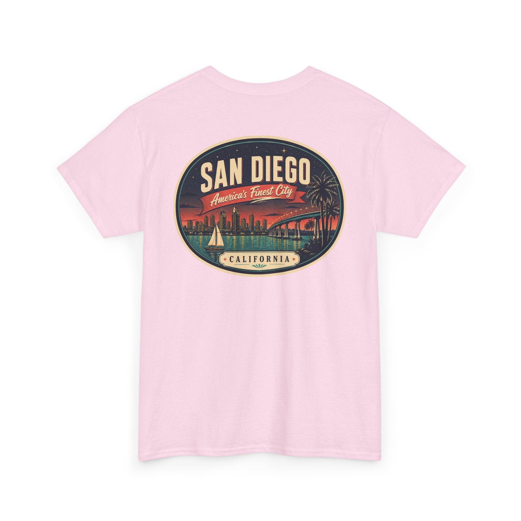 Light pink T-shirt with large oval San Diego Cities graphic on center