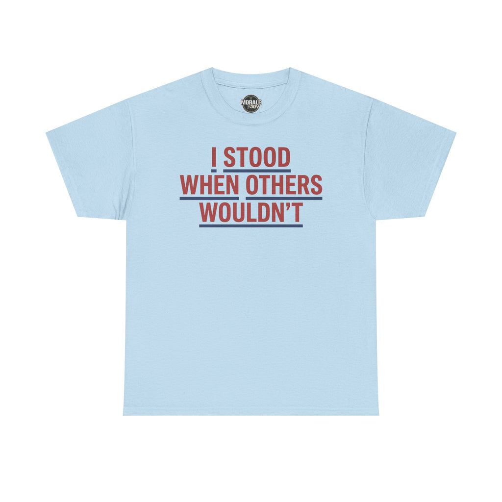 Light blue T-shirt with red and gray slogan graphic, crew neck