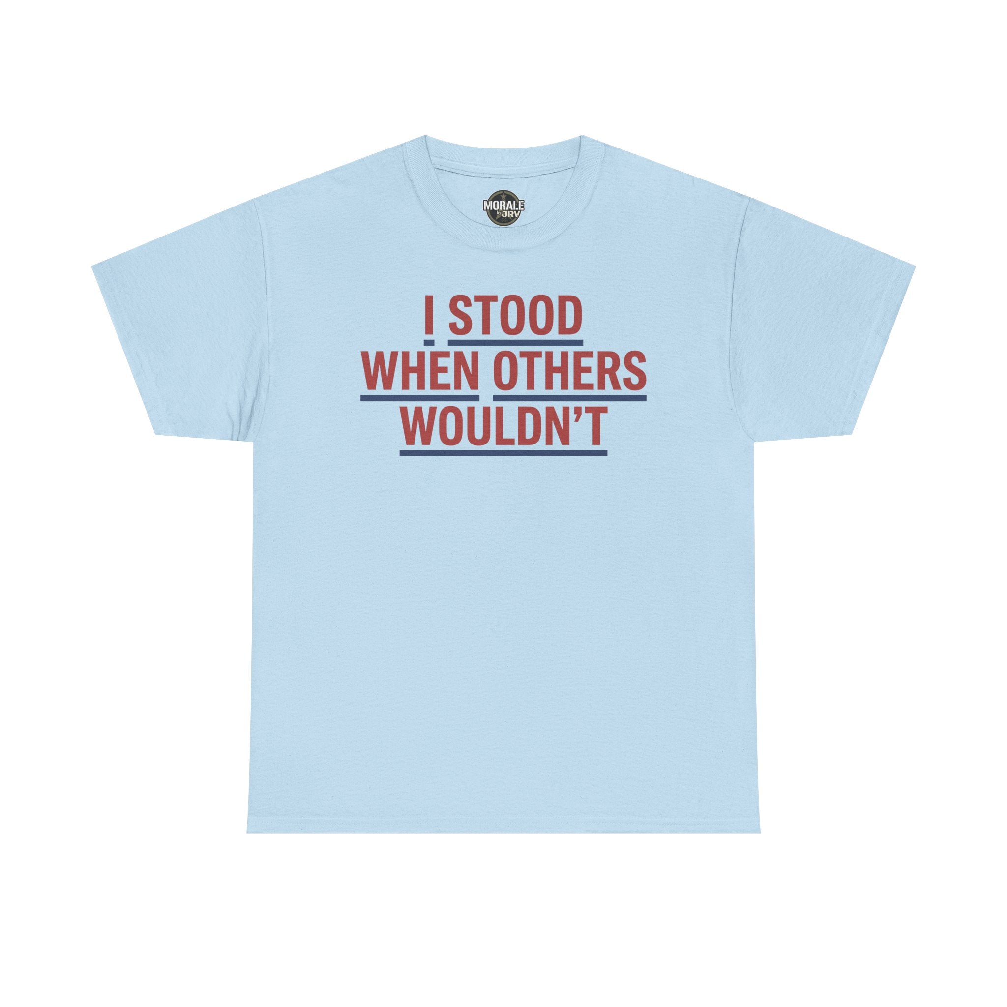Light blue T-shirt with red and gray slogan graphic, crew neck