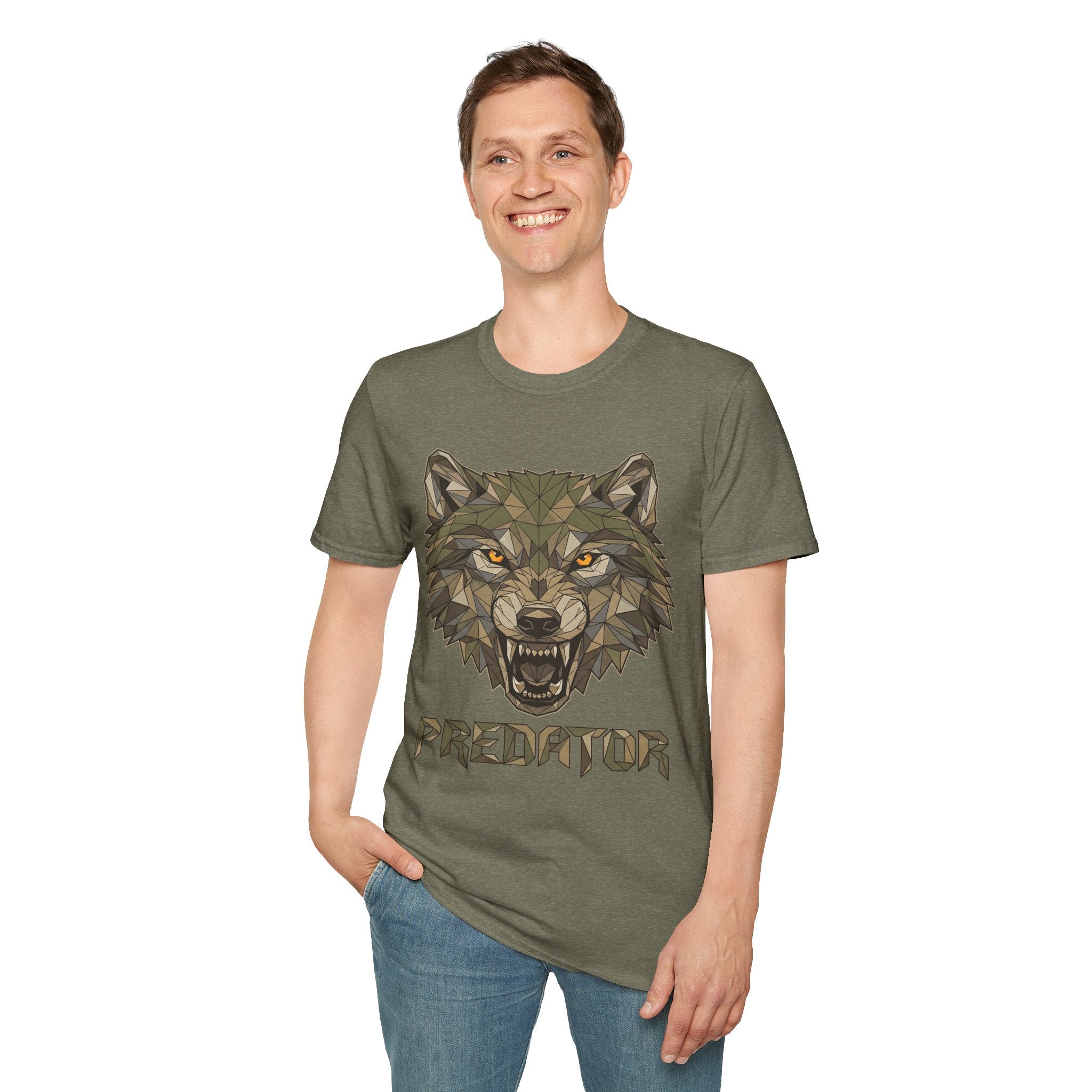 Olive green T-shirt with geometric wolf head graphic and predator text
