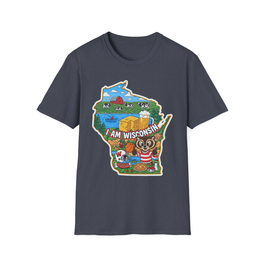 Dark blue T-shirt with Wisconsin state map graphic and cheese farm badger