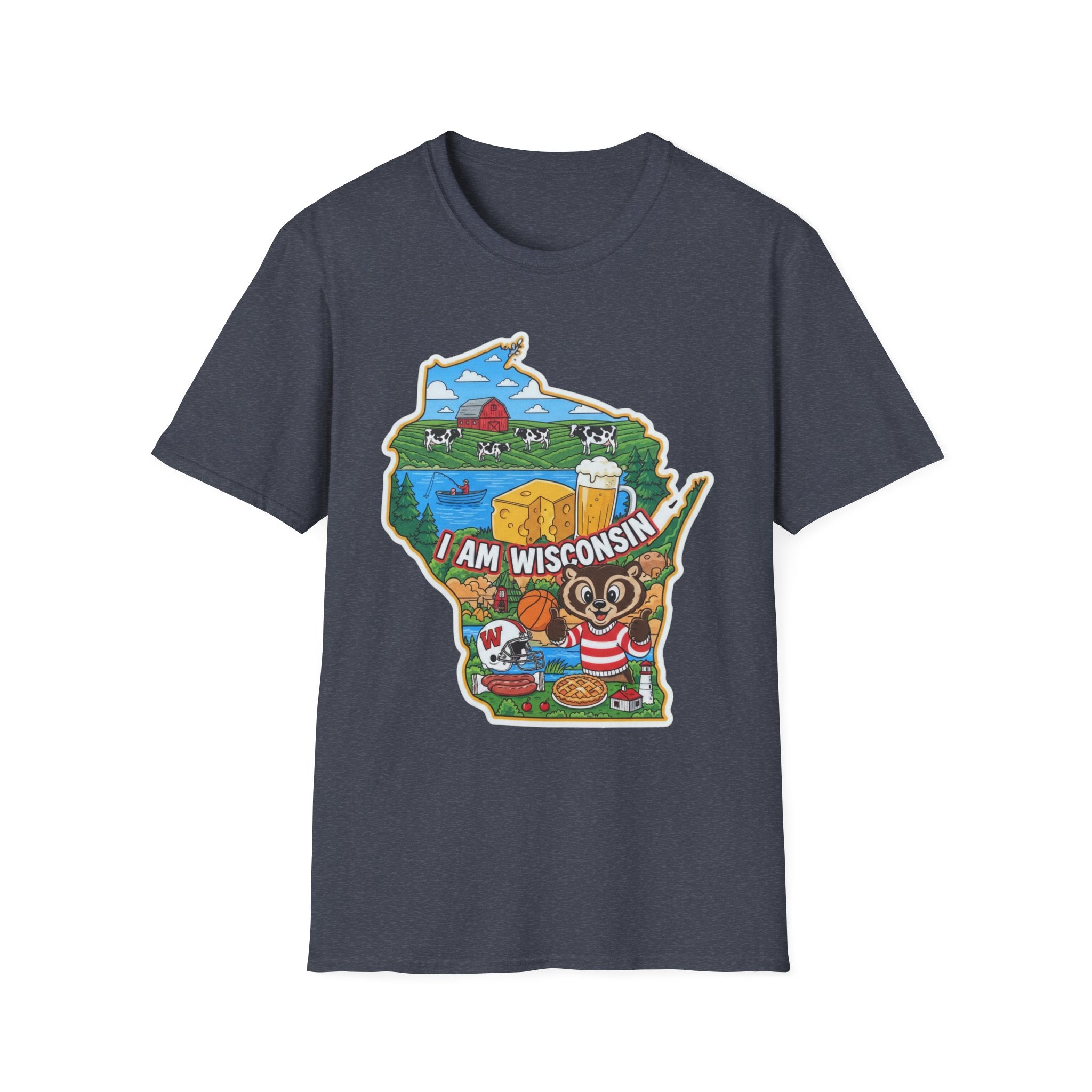 Dark blue T-shirt with Wisconsin state map graphic and cheese farm badger