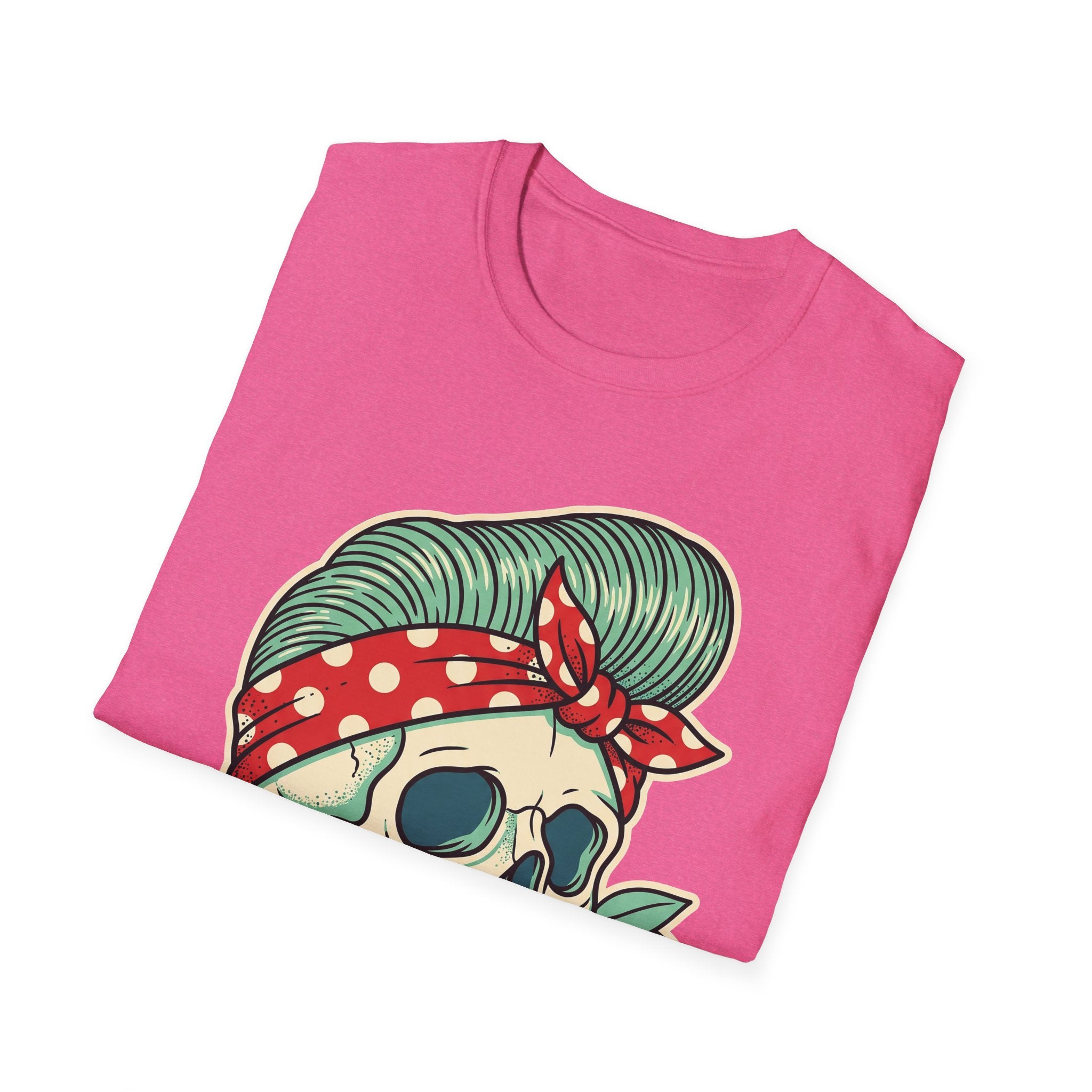 Rockabilly Sugar Skull T-Shirt in Rosa mit Sugar-Skull-Design und Kirschbandana im Retro-Stil