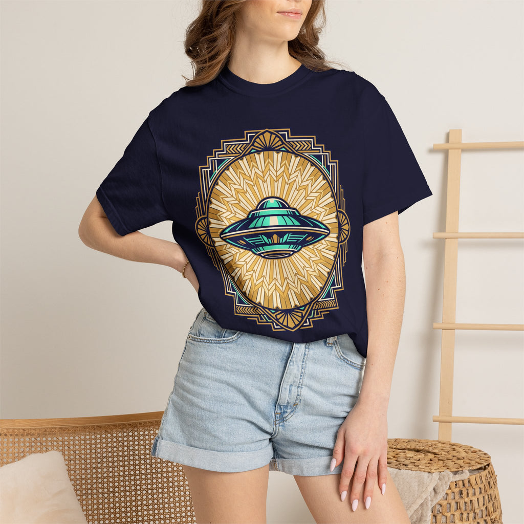 Navy T-shirt with retro UFO graphic and sunburst emblem, worn by model