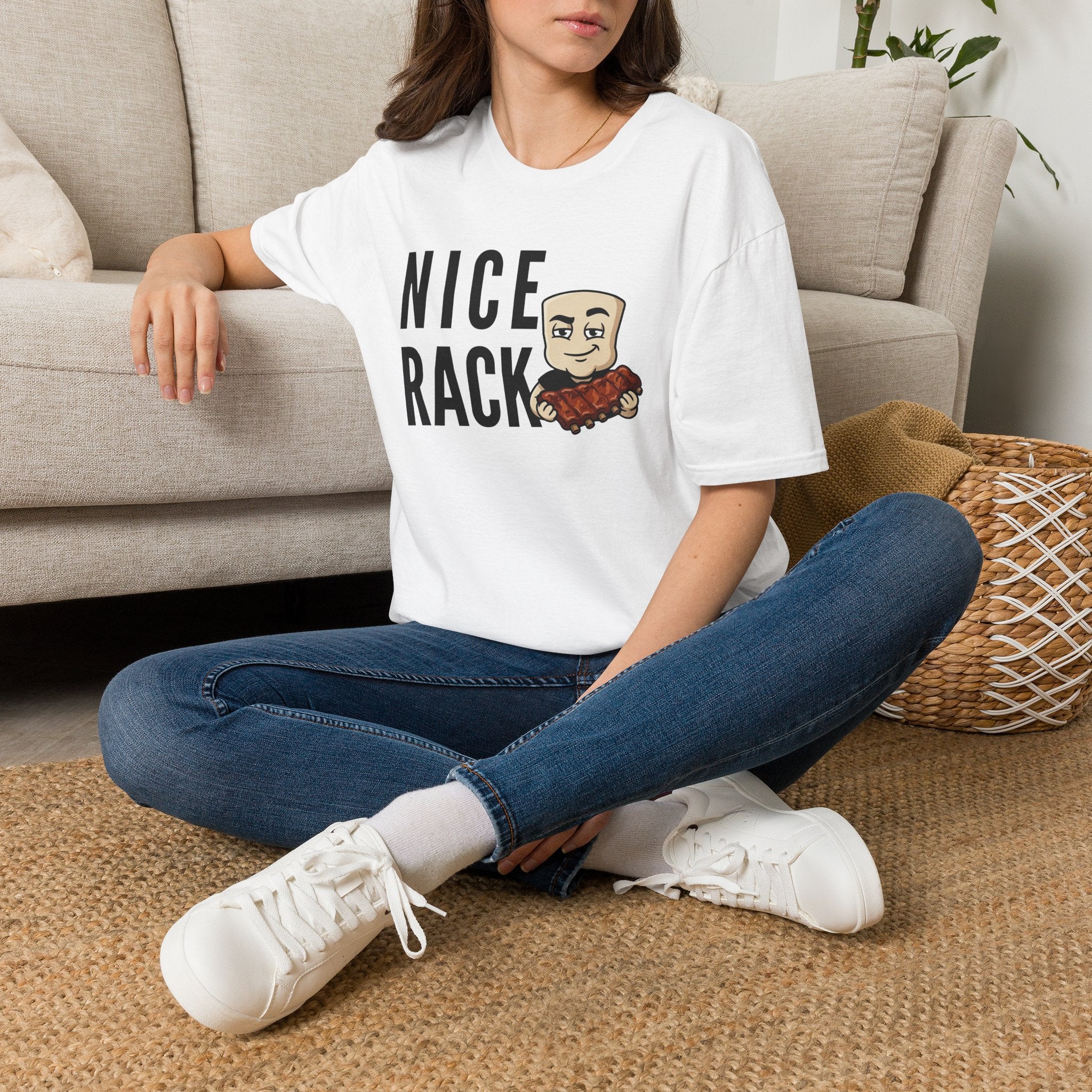 White T-shirt with 'NICE RACK' text and cartoon holding ribs
