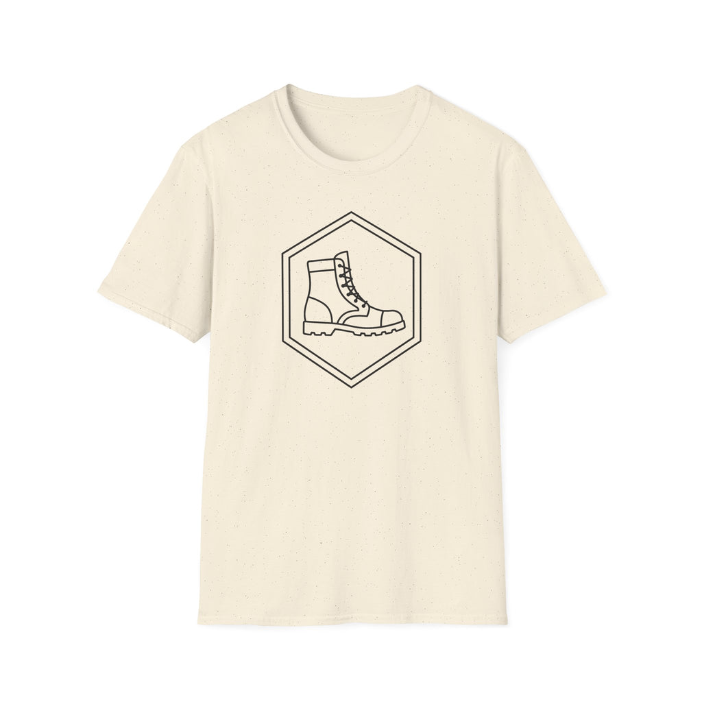 Natural cream T-shirt with a diamond emblem and boot illustration on the front.