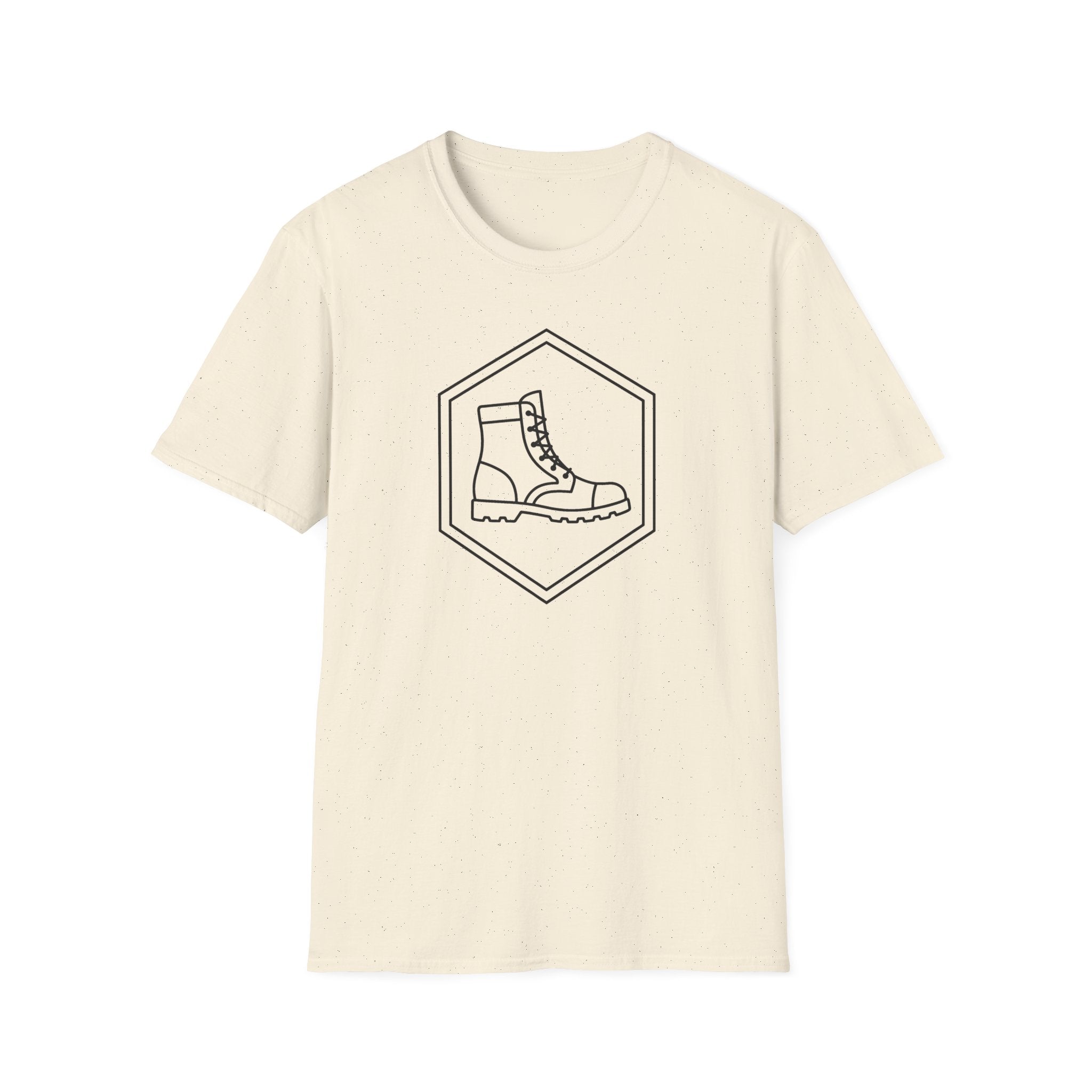 Natural cream T-shirt with a diamond emblem and boot illustration on the front.