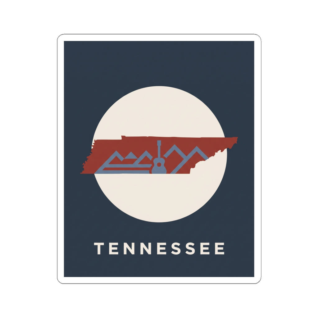 Tennessee outline sticker featuring retro mountains, guitar motif, and 'Tennessee' lettering