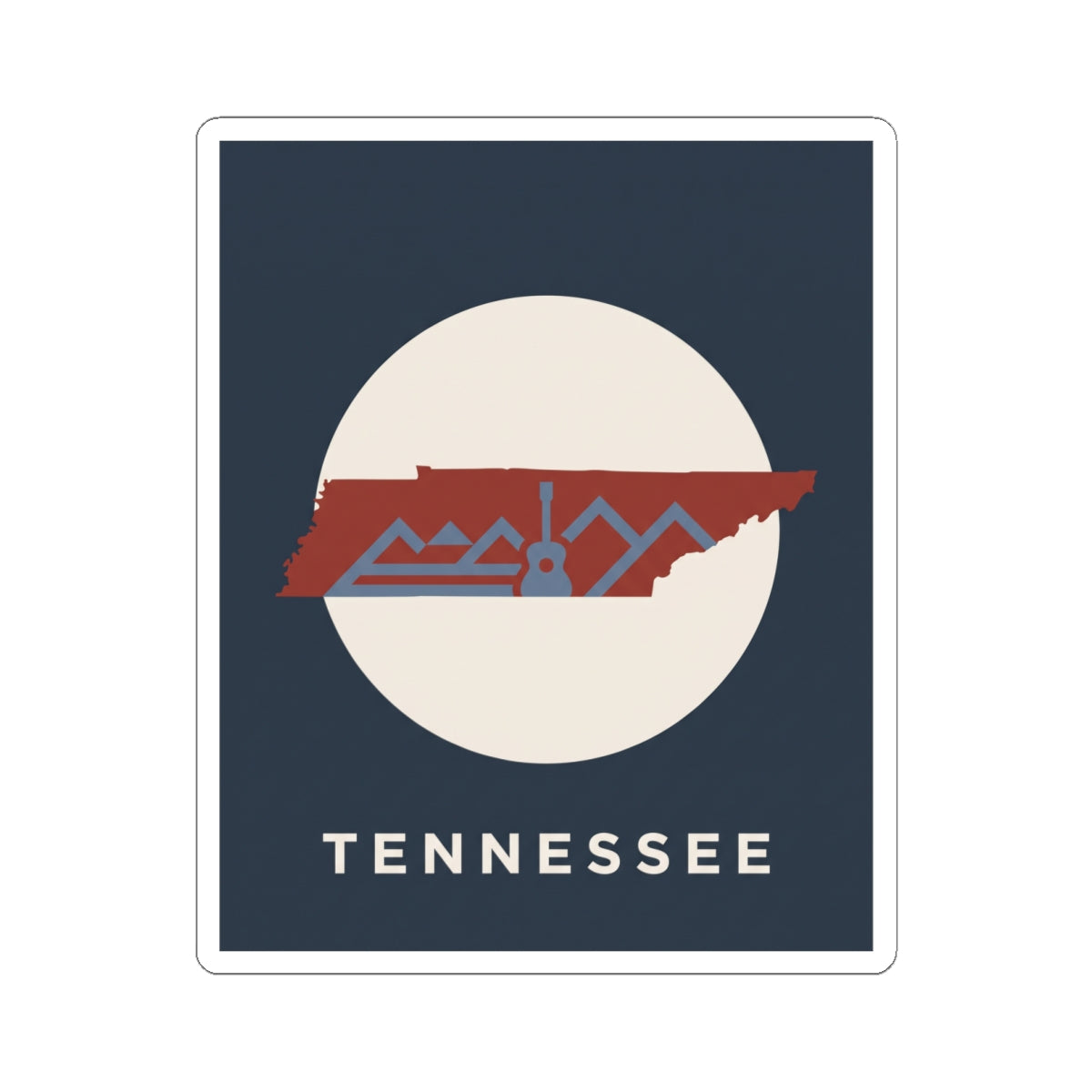 Tennessee outline sticker featuring retro mountains, guitar motif, and 'Tennessee' lettering