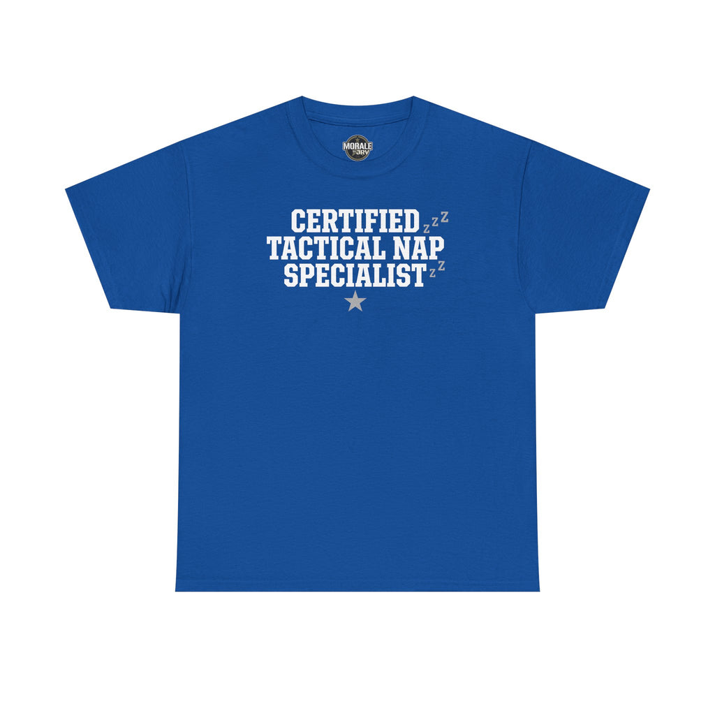 Royal blue crew-neck T-shirt with “Certified Tactical Nap Specialist” text graphic and star
