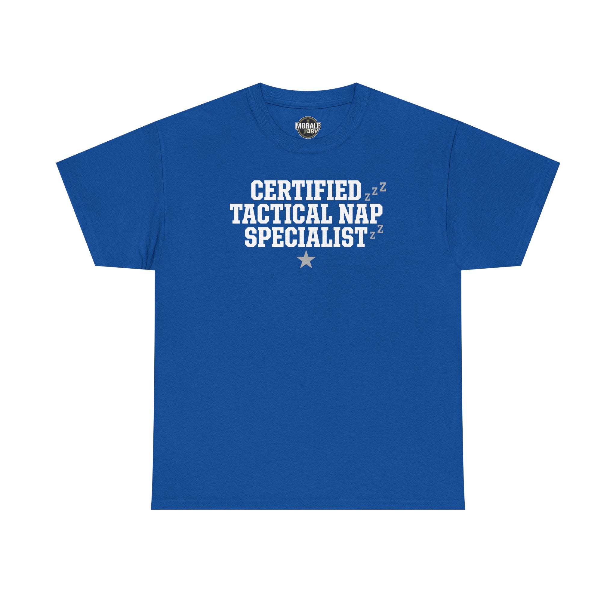 Royal blue crew-neck T-shirt with “Certified Tactical Nap Specialist” text graphic and star