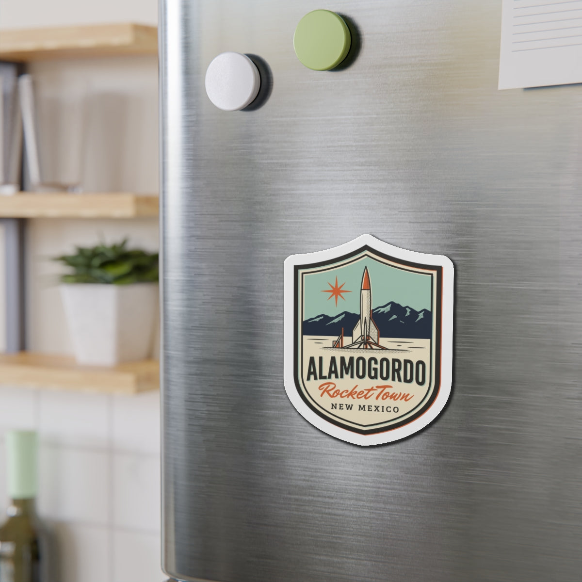 Shield die-cut magnet with rocket, mountains, and 'Alamogordo RocketTown' text