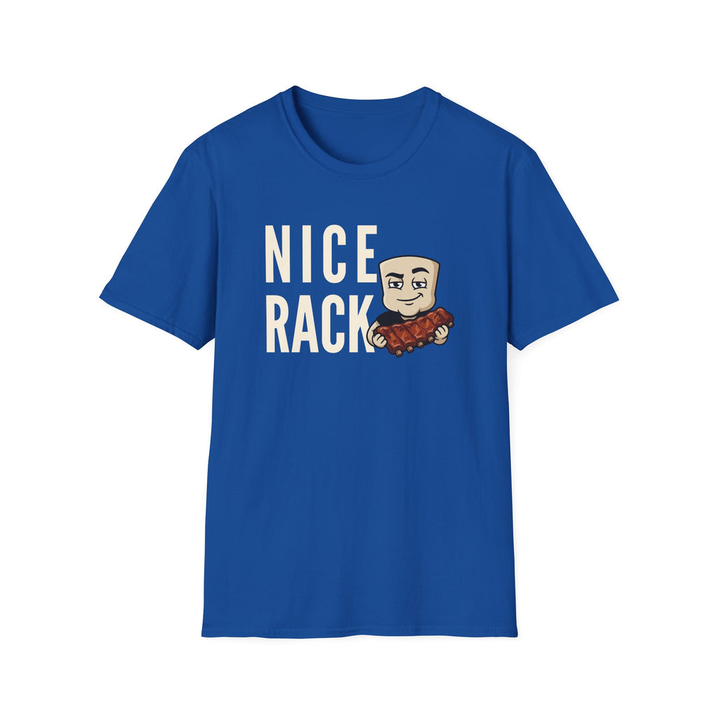 Royal blue T-shirt with “Nice Rack” graphic and cartoon chef holding ribs