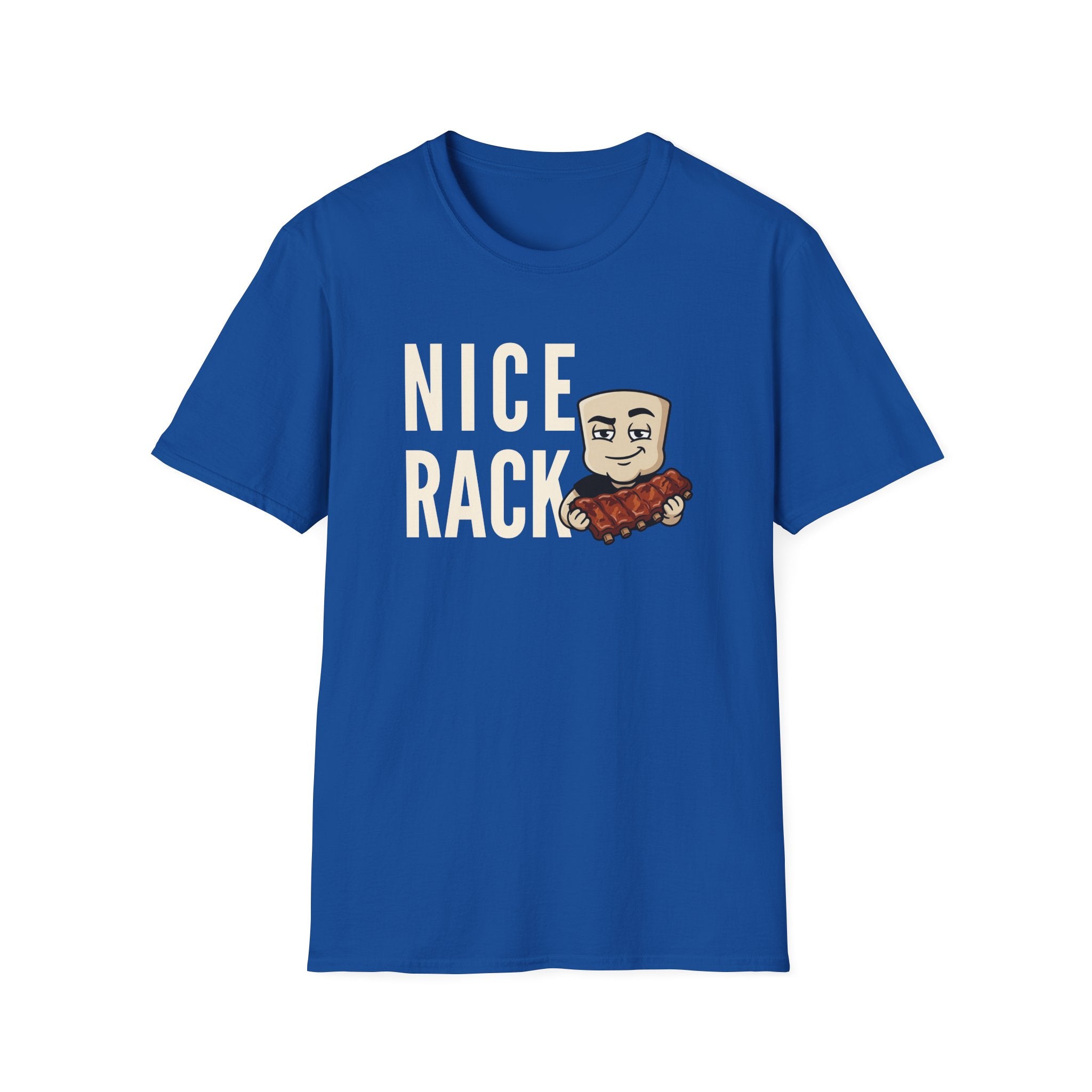 Royal blue T-shirt with “Nice Rack” graphic and cartoon chef holding ribs
