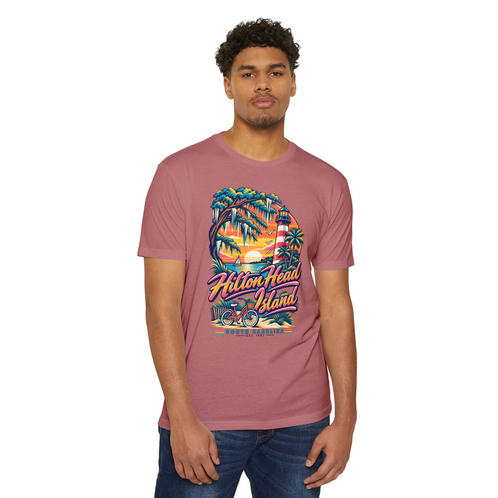 Dusty rose crew-neck T-shirt with colorful circular island logo graphic