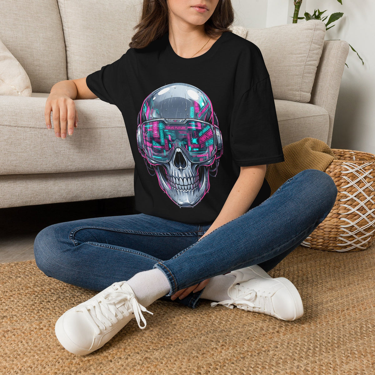 Black crew-neck t-shirt with neon cyber skull visor graphic on front