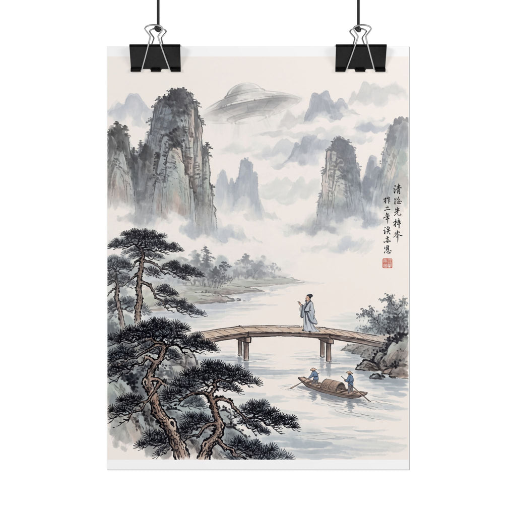 Landscape rolled poster showing traditional mountain scenery with a bridge over calm water.