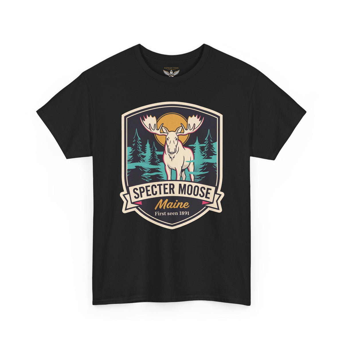 Black T-shirt with vintage moose badge graphic and Maine text