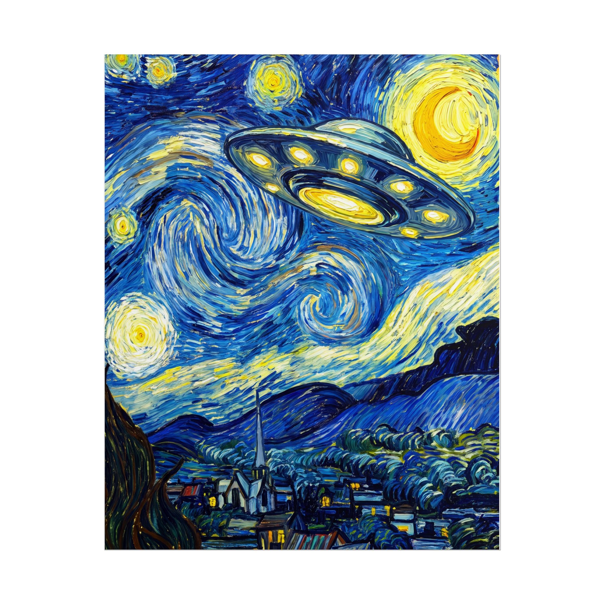 Portrait space poster with a hovering UFO, spiral cloud swirls, and a bright moon