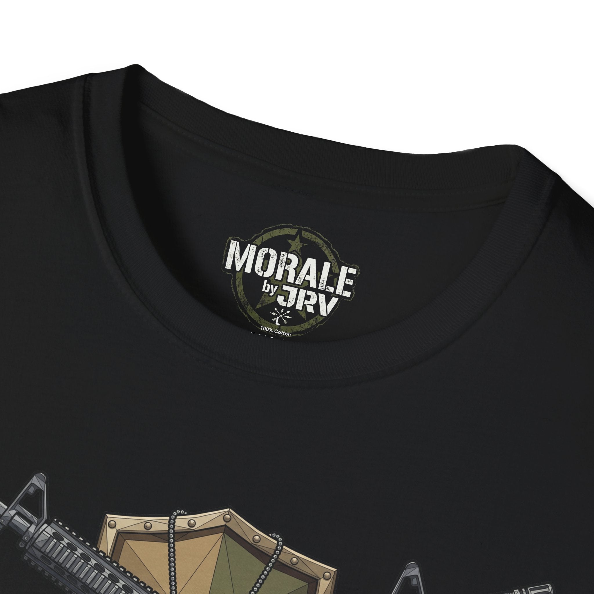 Black T-shirt neckline with “MORALE by TR” logo patch