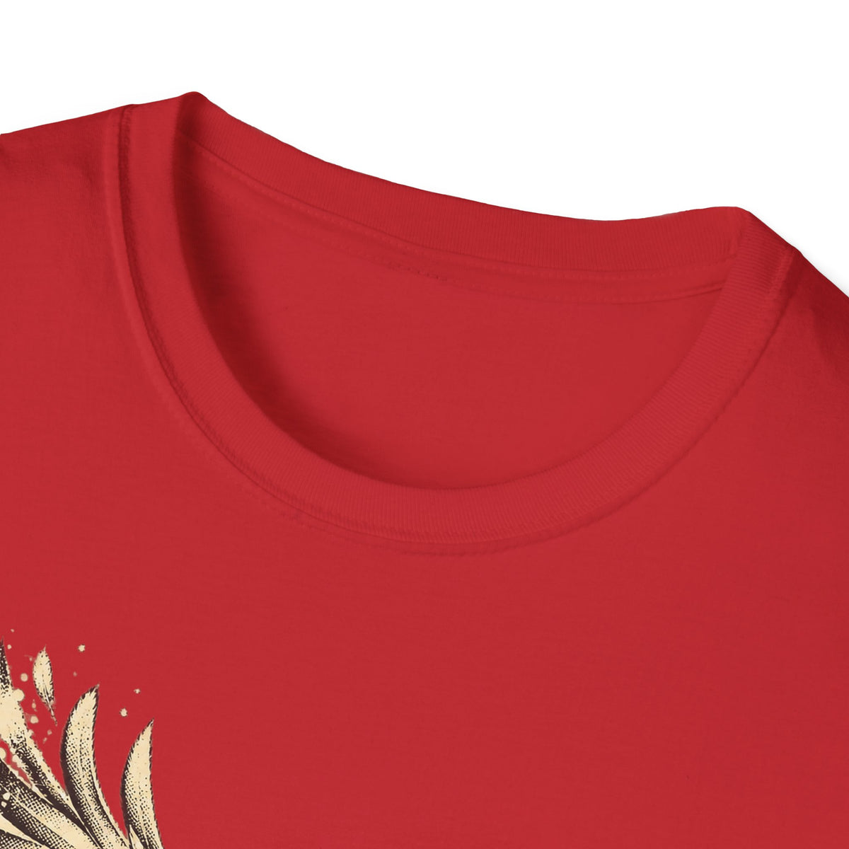 Red crew-neck T-shirt collar with partial eagle graphic print at left edge