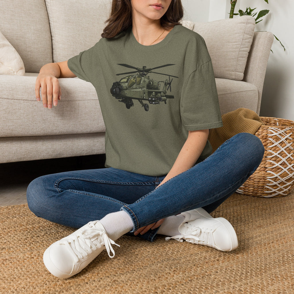 Olive green crew-neck T-shirt with dark helicopter graphic on the front