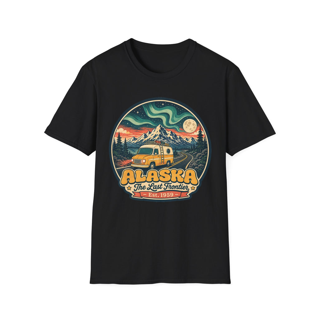 Unisex graphic T-shirt, black, round Alaska logo with mountain and cabin vehicle art