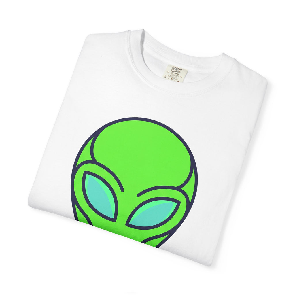 White alien visitor T-shirt with large neon green alien face graphic